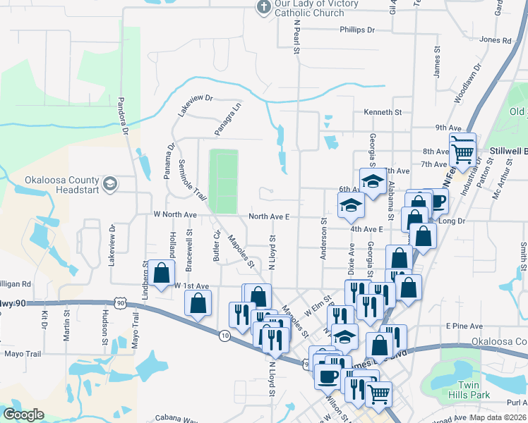 map of restaurants, bars, coffee shops, grocery stores, and more near 292 North Avenue East in Crestview