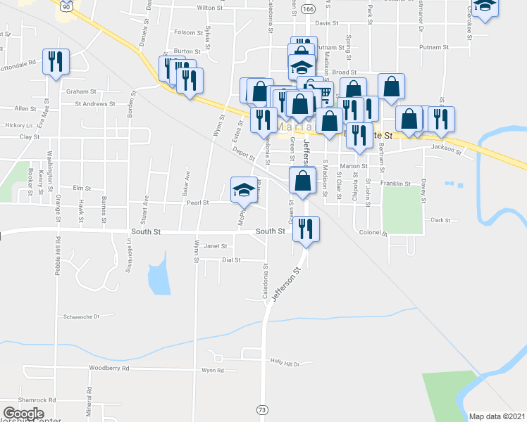 map of restaurants, bars, coffee shops, grocery stores, and more near 4399 Pearl Street in Marianna
