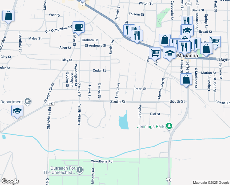 map of restaurants, bars, coffee shops, grocery stores, and more near 2815 Stuart Avenue in Marianna