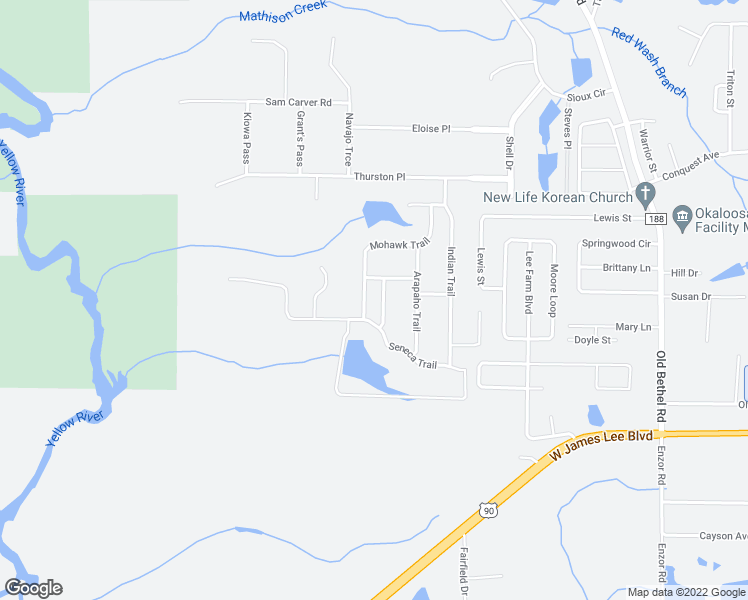 map of restaurants, bars, coffee shops, grocery stores, and more near 105 Muskogee Trail in Crestview