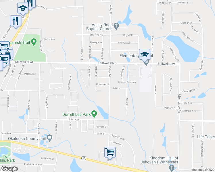 map of restaurants, bars, coffee shops, grocery stores, and more near 689 Valley Road in Crestview
