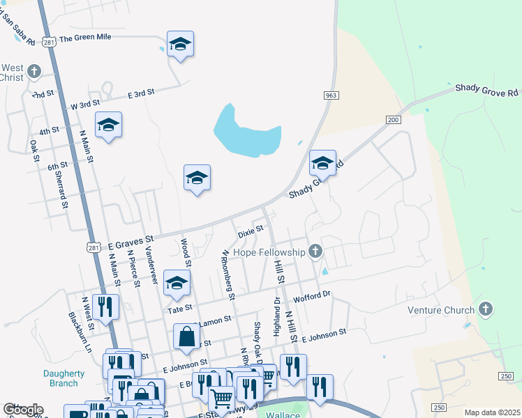 map of restaurants, bars, coffee shops, grocery stores, and more near 806 North Rhomberg Street in Burnet