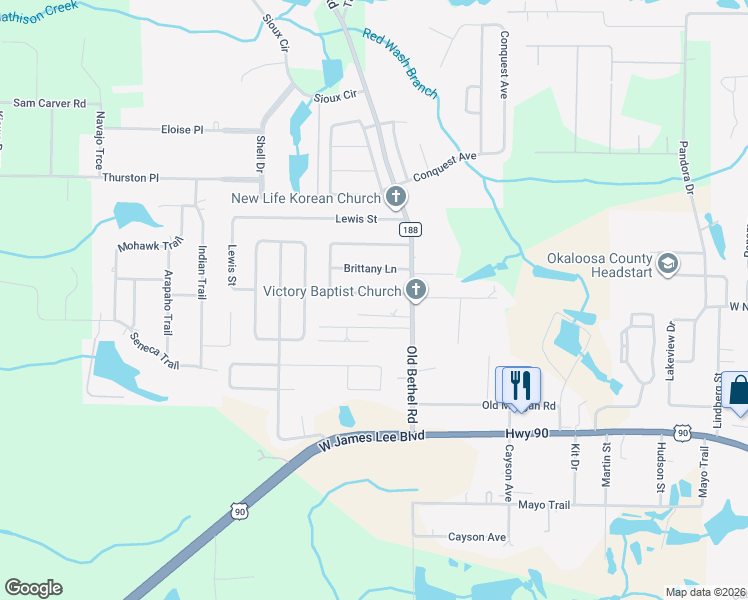 map of restaurants, bars, coffee shops, grocery stores, and more near 5442 Old Bethel Road in Crestview