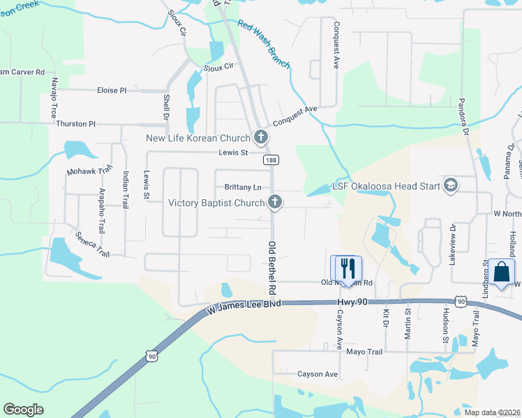 map of restaurants, bars, coffee shops, grocery stores, and more near 303 Springwood Circle in Crestview