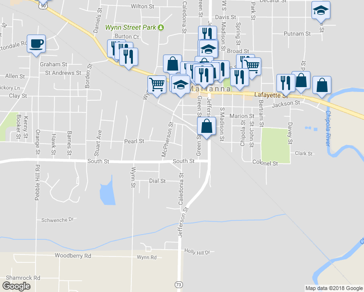 map of restaurants, bars, coffee shops, grocery stores, and more near 2812 Caledonia Street in Marianna