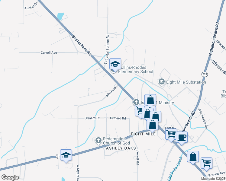 map of restaurants, bars, coffee shops, grocery stores, and more near 1631 Myers Road in Prichard