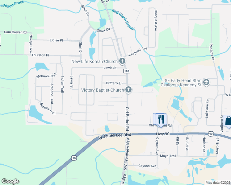 map of restaurants, bars, coffee shops, grocery stores, and more near 309 Springwood Circle in Crestview