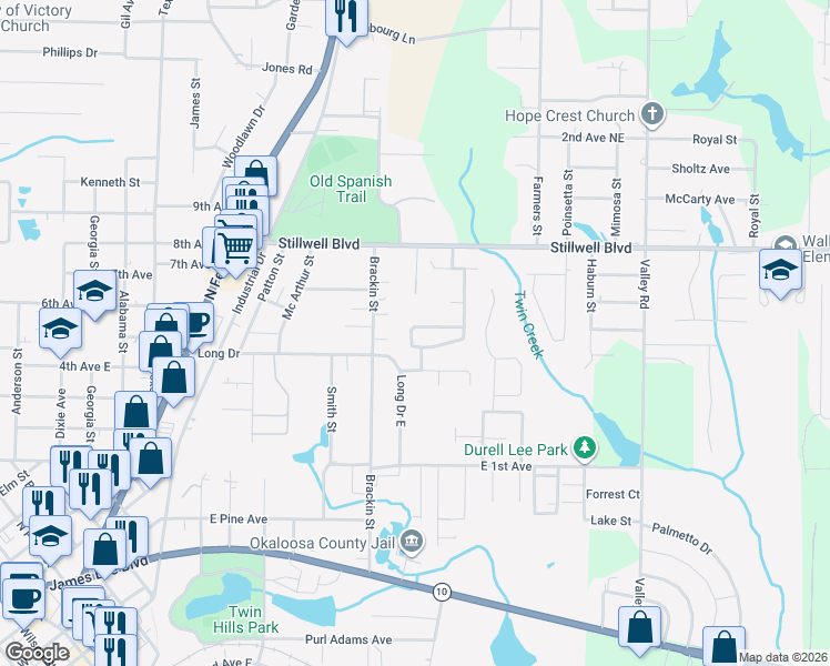 map of restaurants, bars, coffee shops, grocery stores, and more near 485 Eisenhower Drive in Crestview