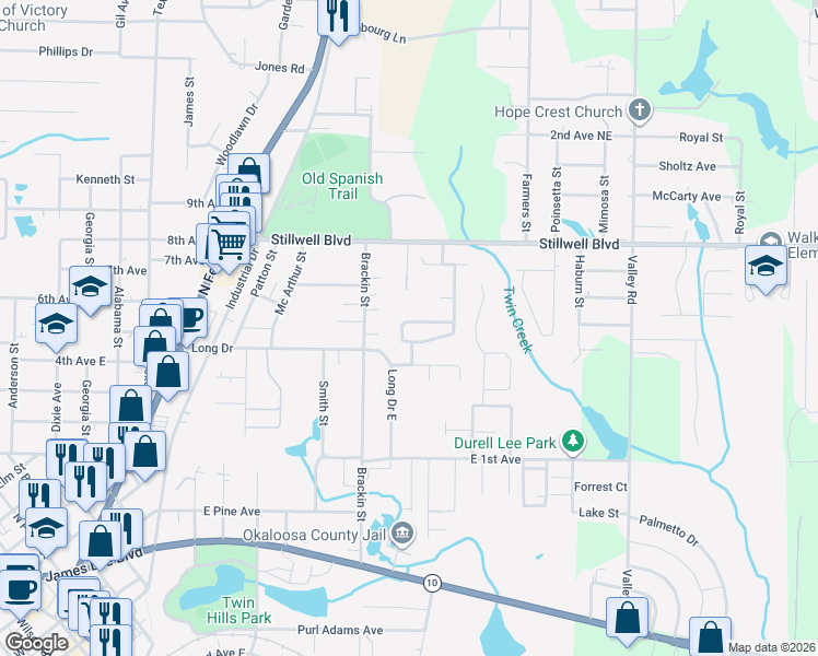 map of restaurants, bars, coffee shops, grocery stores, and more near 487 Eisenhower Drive in Crestview