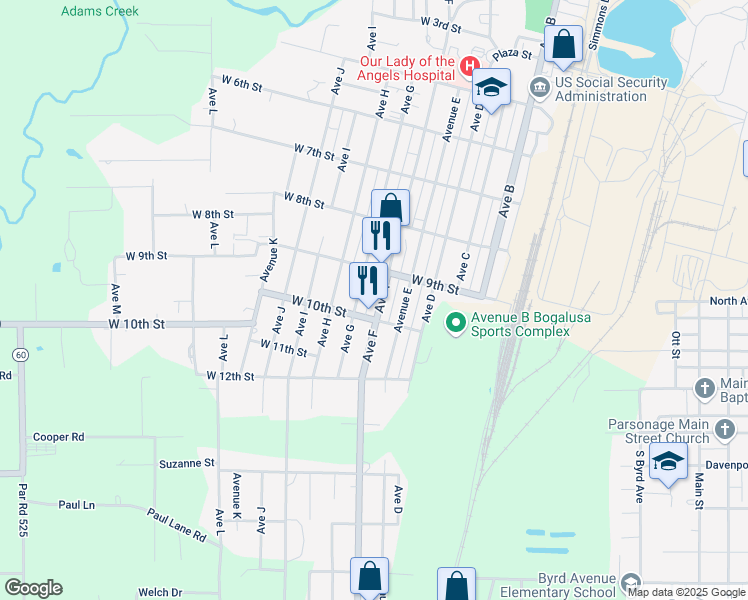 map of restaurants, bars, coffee shops, grocery stores, and more near 1002 Avenue G in Bogalusa