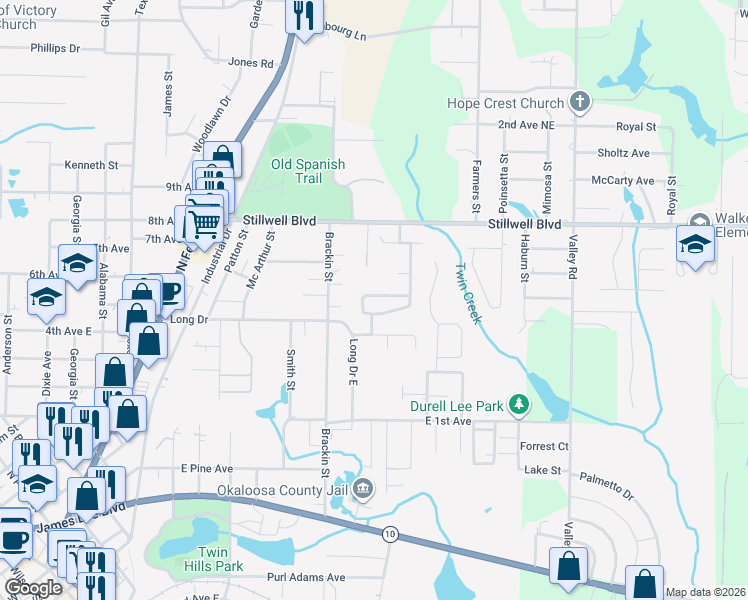 map of restaurants, bars, coffee shops, grocery stores, and more near 456 Eisenhower Drive in Crestview