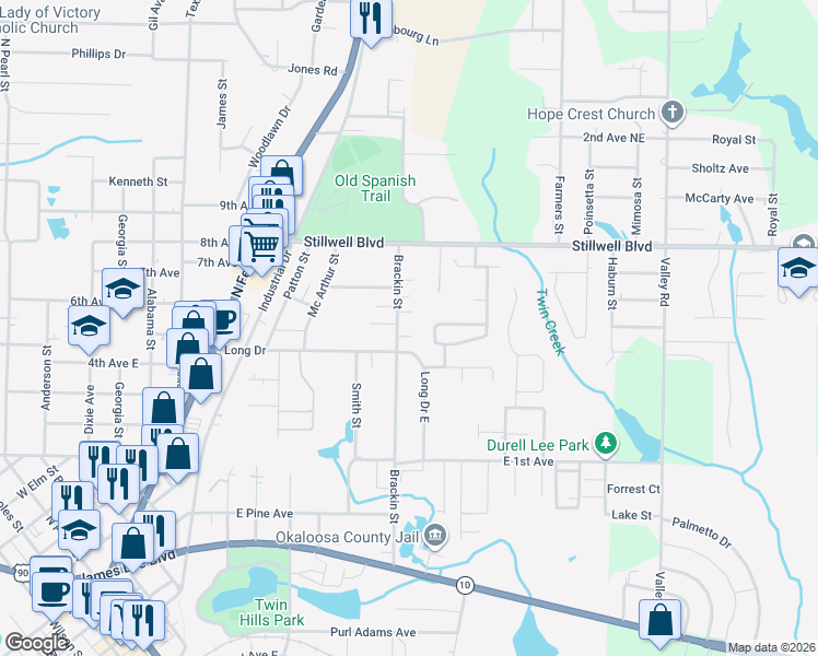 map of restaurants, bars, coffee shops, grocery stores, and more near 104 Jamie Court in Crestview