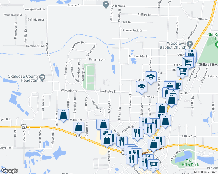 map of restaurants, bars, coffee shops, grocery stores, and more near 713 Arbor Lake Drive in Crestview