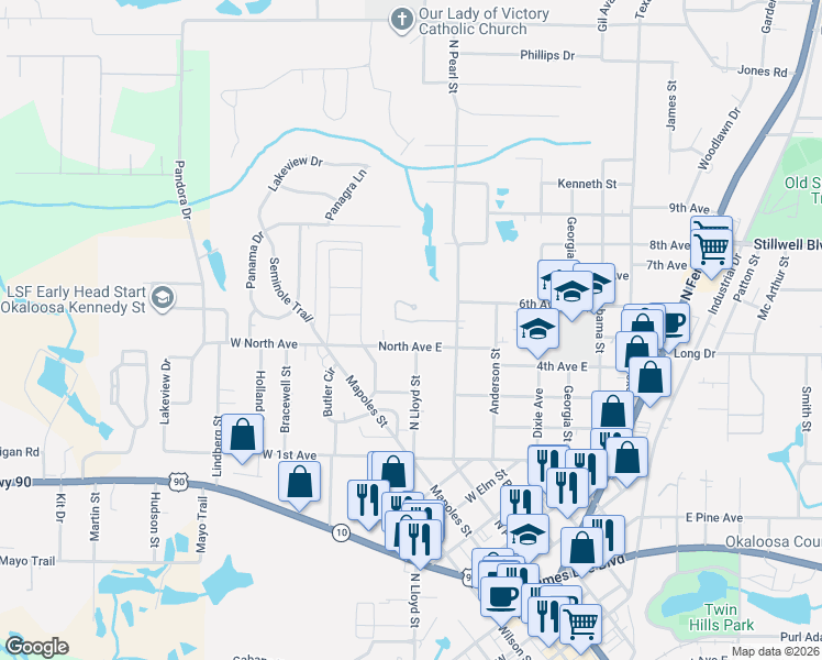 map of restaurants, bars, coffee shops, grocery stores, and more near 292 North Avenue East in Crestview