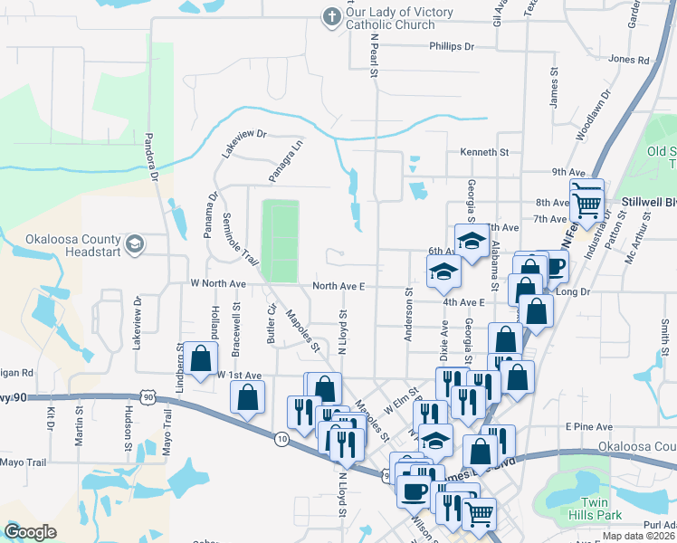 map of restaurants, bars, coffee shops, grocery stores, and more near 723 Arbor Lake Drive in Crestview