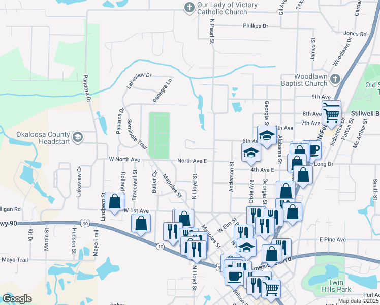 map of restaurants, bars, coffee shops, grocery stores, and more near 733 Arbor Lake Drive in Crestview