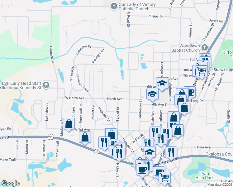 map of restaurants, bars, coffee shops, grocery stores, and more near 721 Arbor Lake Drive in Crestview