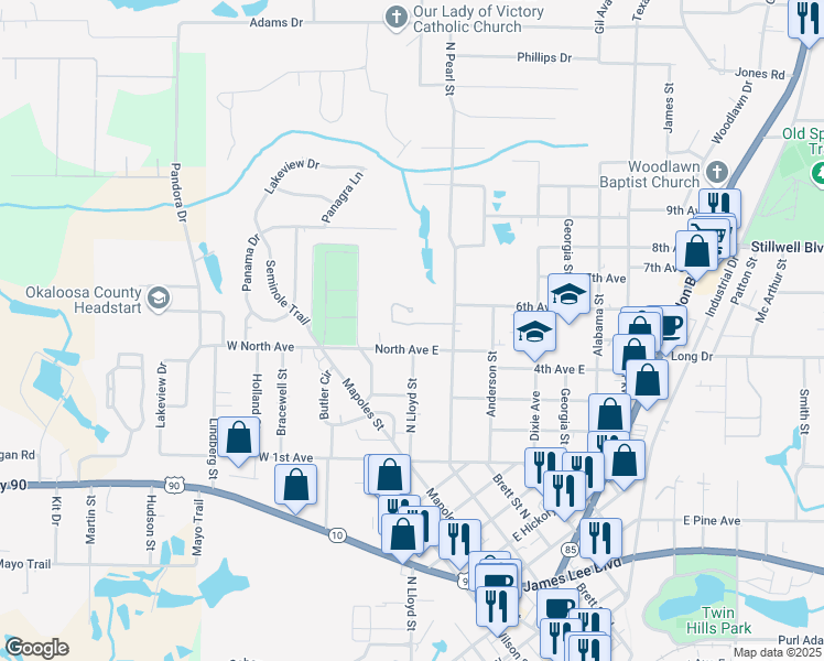 map of restaurants, bars, coffee shops, grocery stores, and more near 710 Arbor Lake Drive in Crestview