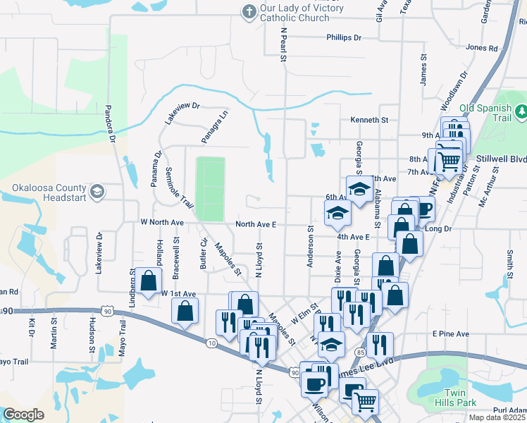 map of restaurants, bars, coffee shops, grocery stores, and more near 406 Arbor Lake Drive in Crestview