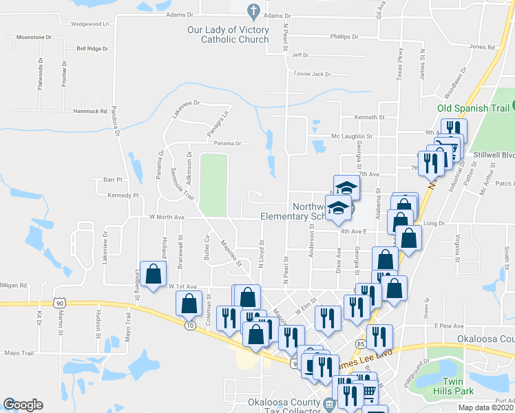 map of restaurants, bars, coffee shops, grocery stores, and more near 852 Arbor Lake Drive in Crestview