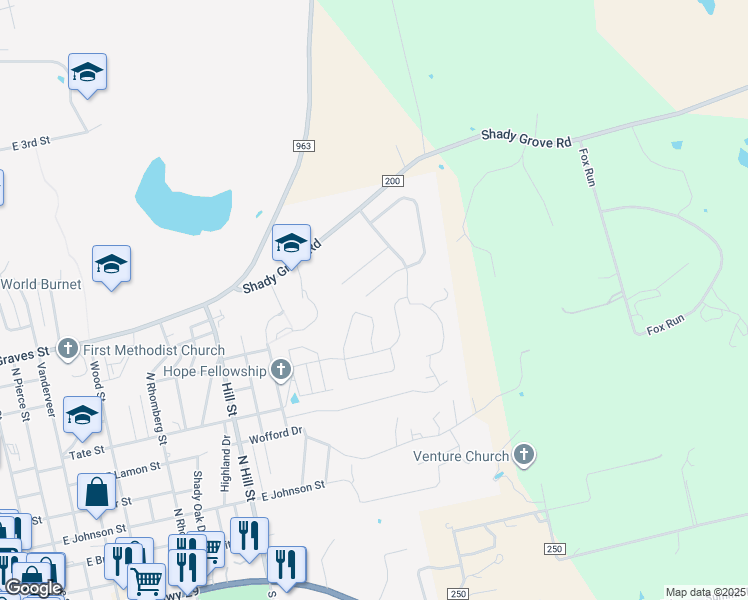 map of restaurants, bars, coffee shops, grocery stores, and more near 111 Natalie's Point in Burnet