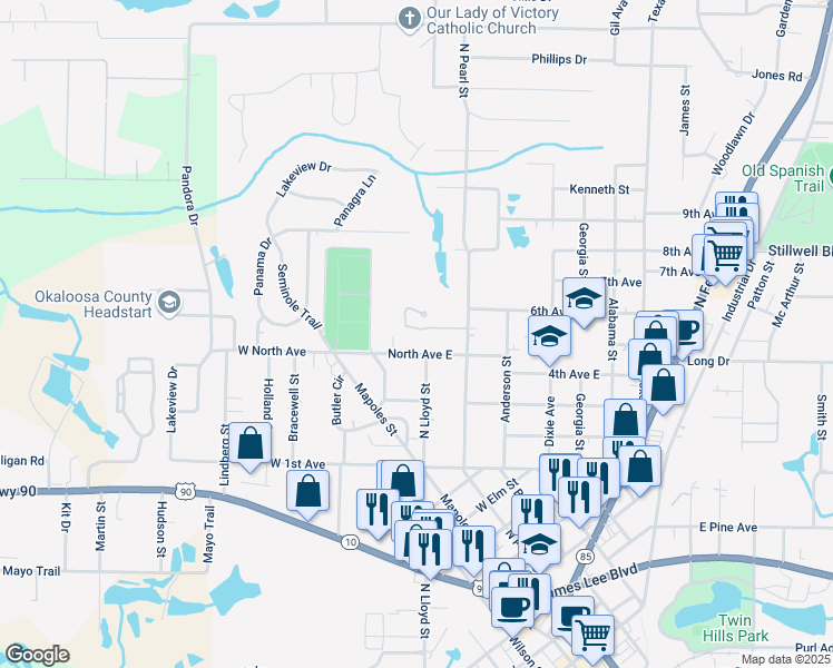 map of restaurants, bars, coffee shops, grocery stores, and more near 732 Arbor Lake Drive in Crestview