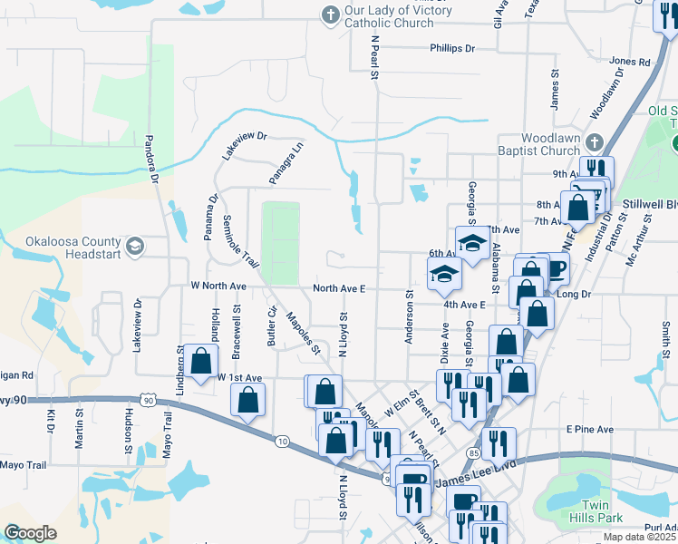 map of restaurants, bars, coffee shops, grocery stores, and more near 722 Arbor Lake Drive in Crestview