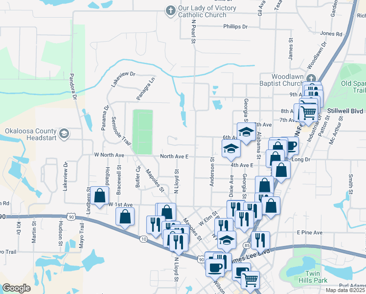 map of restaurants, bars, coffee shops, grocery stores, and more near 406 Arbor Lake Drive in Crestview