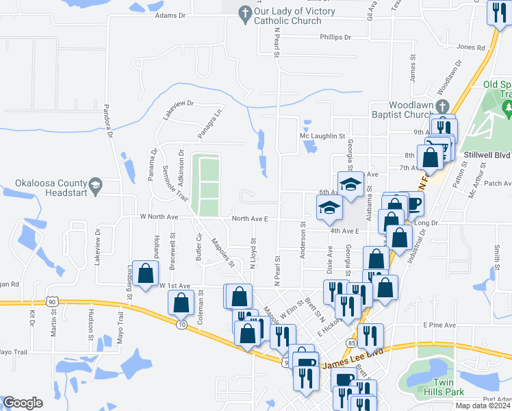 map of restaurants, bars, coffee shops, grocery stores, and more near 515 Arbor Lake Drive in Crestview