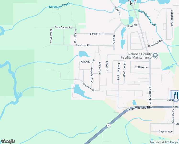 map of restaurants, bars, coffee shops, grocery stores, and more near 108 Chippewa Trail in Crestview