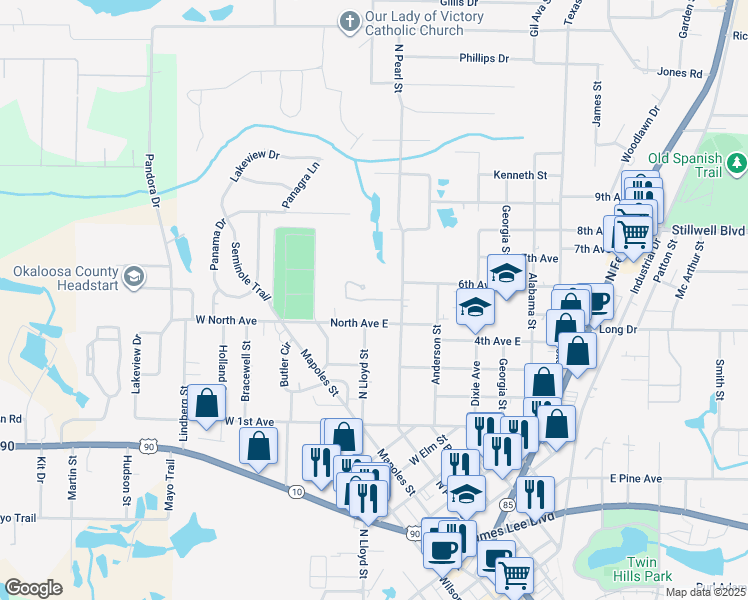 map of restaurants, bars, coffee shops, grocery stores, and more near 508 Arbor Lake Drive in Crestview