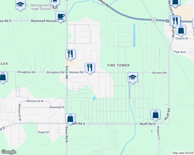 map of restaurants, bars, coffee shops, grocery stores, and more near Somers Court in Semmes