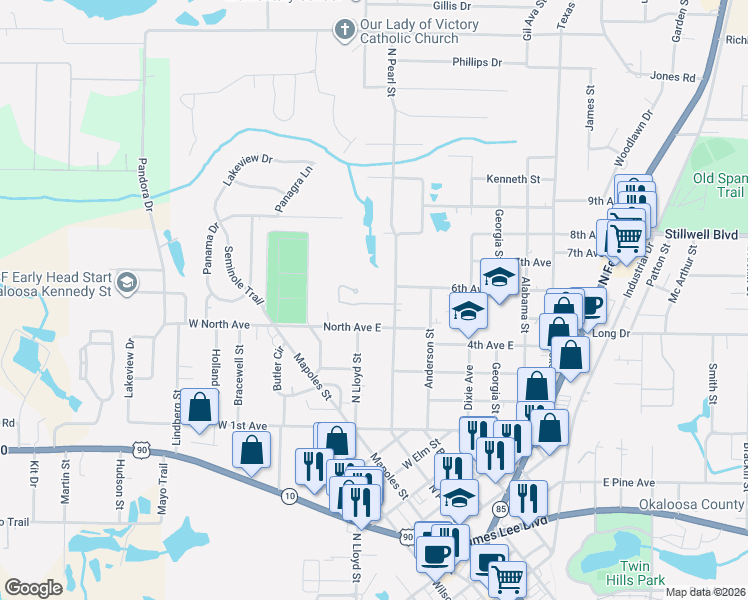 map of restaurants, bars, coffee shops, grocery stores, and more near 406 Arbor Lake Drive in Crestview