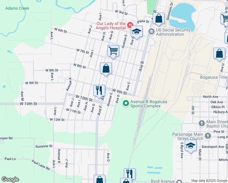 map of restaurants, bars, coffee shops, grocery stores, and more near 841 Avenue D in Bogalusa