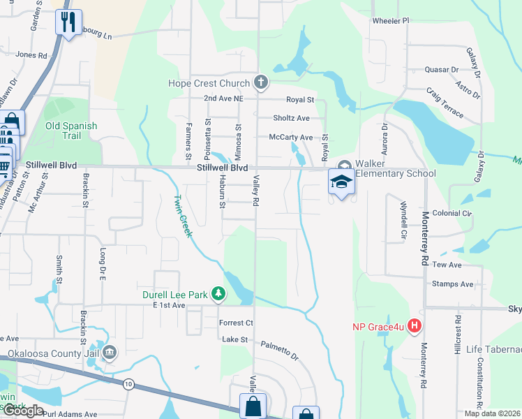 map of restaurants, bars, coffee shops, grocery stores, and more near 710 Valley Road in Crestview