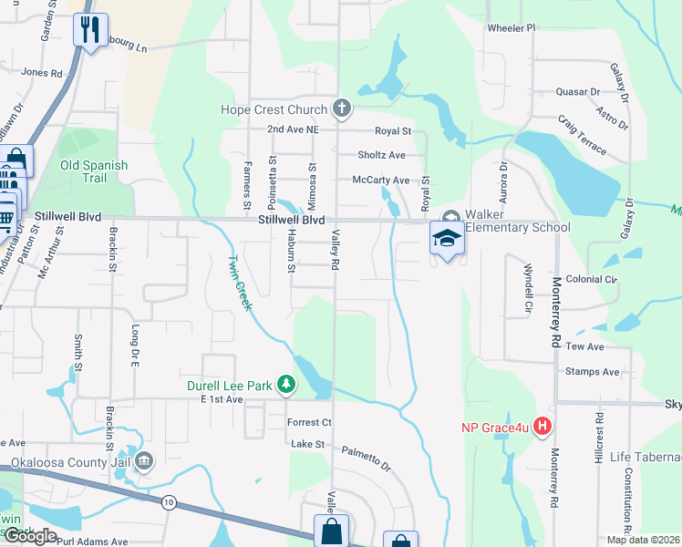 map of restaurants, bars, coffee shops, grocery stores, and more near 710 Valley Road in Crestview