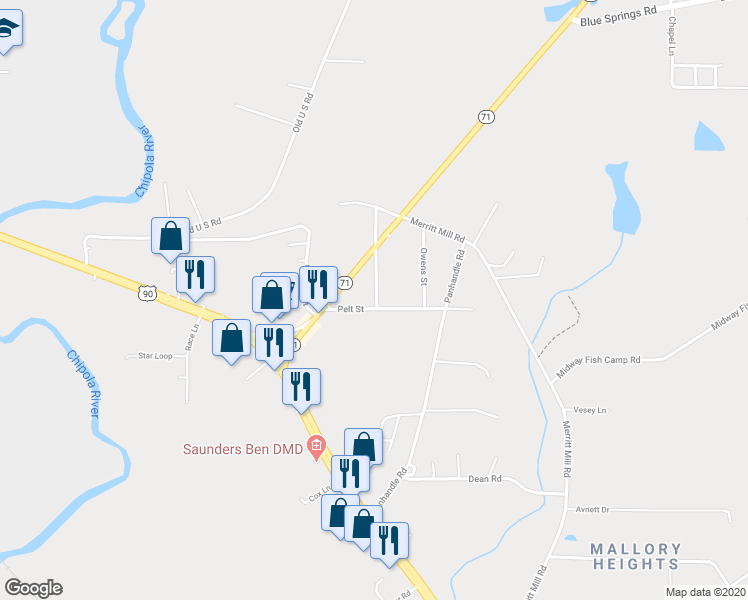 map of restaurants, bars, coffee shops, grocery stores, and more near 4750 Pelt Street in Marianna