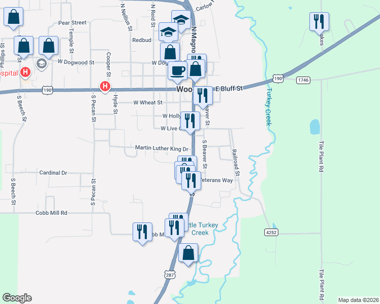 map of restaurants, bars, coffee shops, grocery stores, and more near 423 S Magnolia St in Woodville