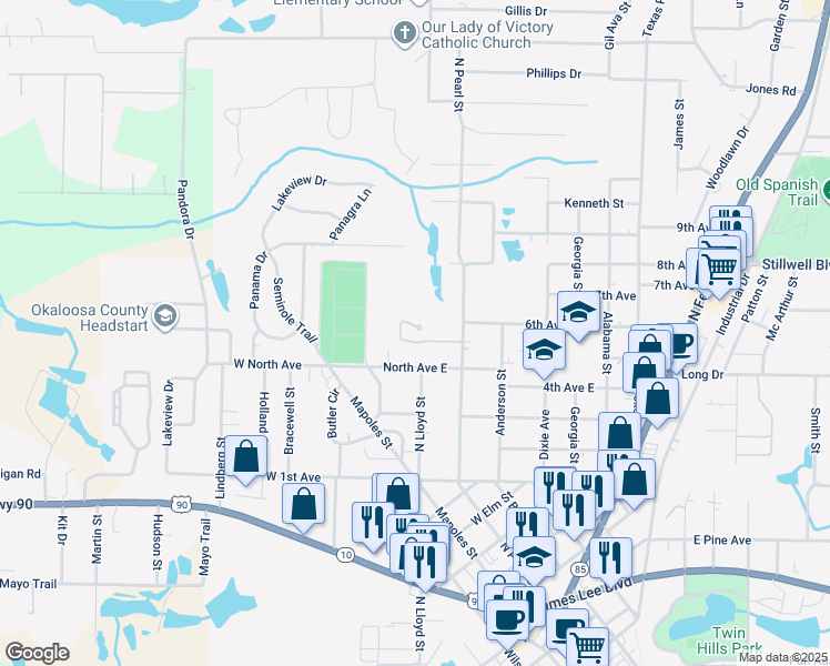 map of restaurants, bars, coffee shops, grocery stores, and more near 852 Arbor Lake Drive in Crestview