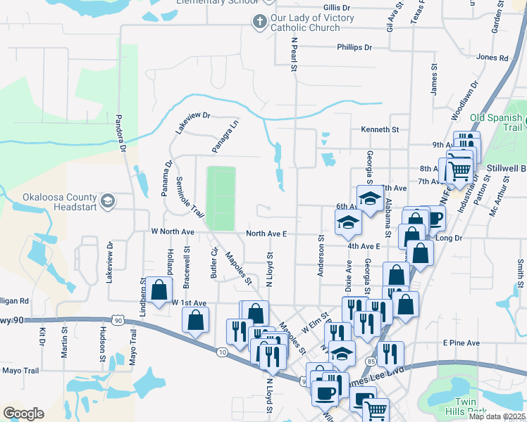 map of restaurants, bars, coffee shops, grocery stores, and more near 832 Arbor Lake Drive in Crestview