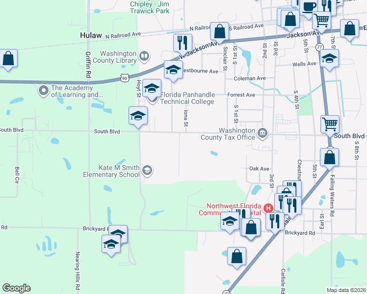 map of restaurants, bars, coffee shops, grocery stores, and more near 813 Maple Street in Chipley