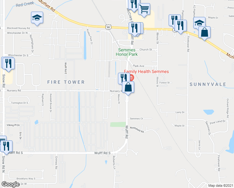map of restaurants, bars, coffee shops, grocery stores, and more near 9251 Nursery Road in Semmes