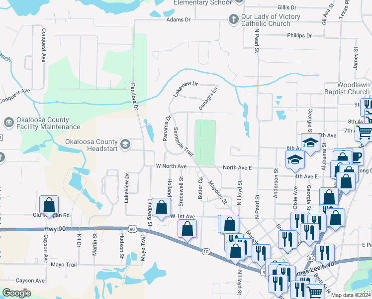 map of restaurants, bars, coffee shops, grocery stores, and more near 199 Seminole Trail in Crestview