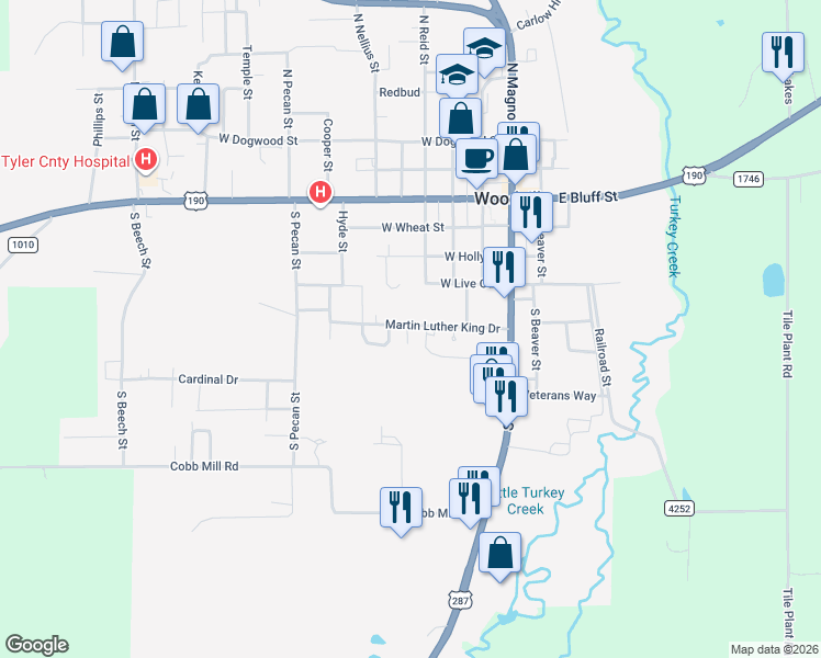 map of restaurants, bars, coffee shops, grocery stores, and more near 303 Martin Luther King in Woodville