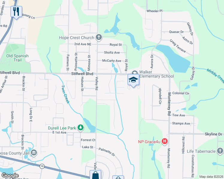 map of restaurants, bars, coffee shops, grocery stores, and more near 122 Trailwood Lane in Crestview
