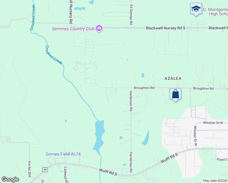 map of restaurants, bars, coffee shops, grocery stores, and more near 10685 Broughton Road in Semmes