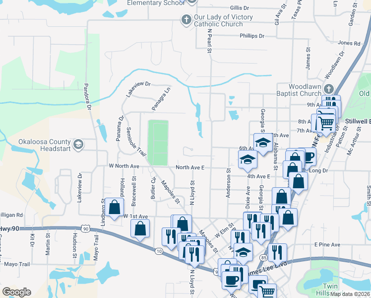 map of restaurants, bars, coffee shops, grocery stores, and more near 852 Arbor Lake Drive in Crestview