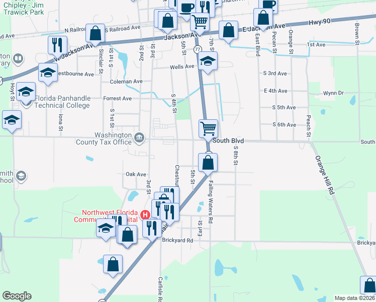 map of restaurants, bars, coffee shops, grocery stores, and more near 822 5th St in Chipley