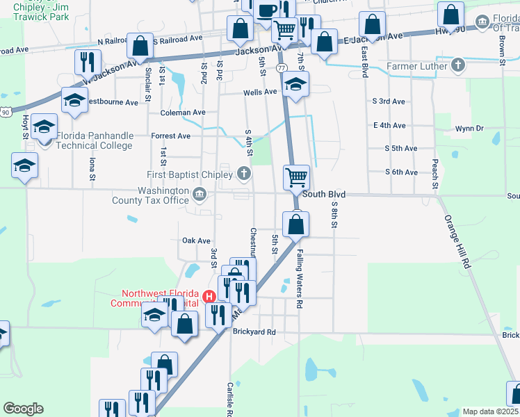 map of restaurants, bars, coffee shops, grocery stores, and more near 822 5th St in Chipley