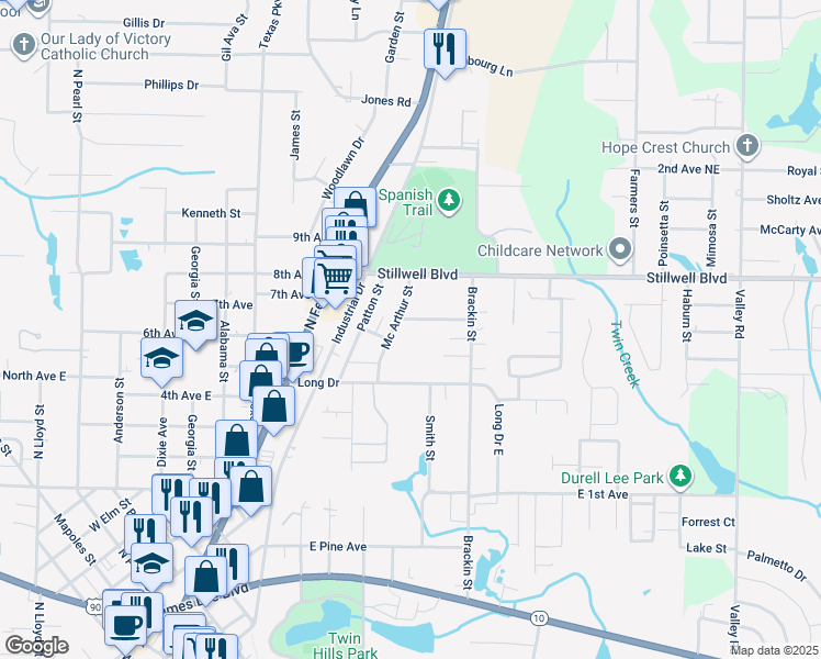 map of restaurants, bars, coffee shops, grocery stores, and more near 152 Patch Avenue in Crestview
